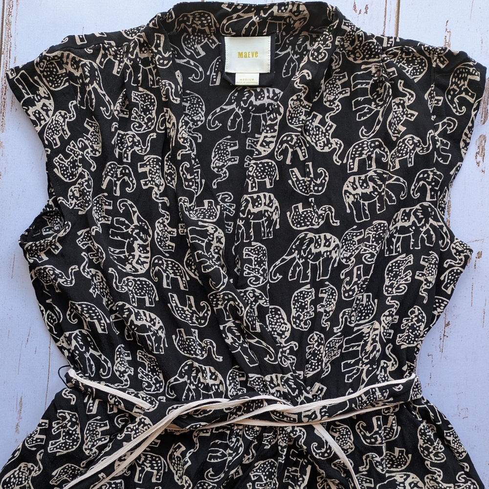 Anthropologie Maeve Black and Cream Elephant Patterned Midi Dress Size Medium - Picture 5 of 12
